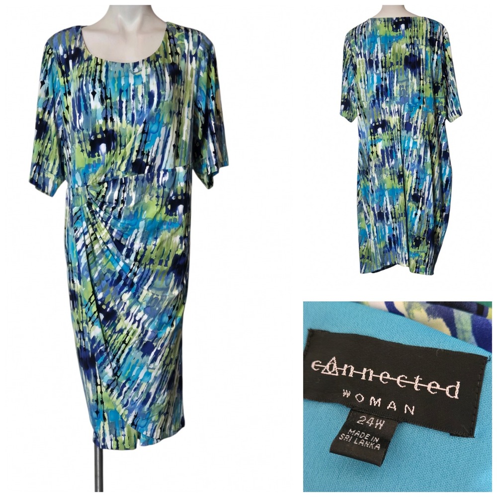 Connected Woman Blue Green Abstract Faux Wrap Sheath Dress 24W TAB81055L